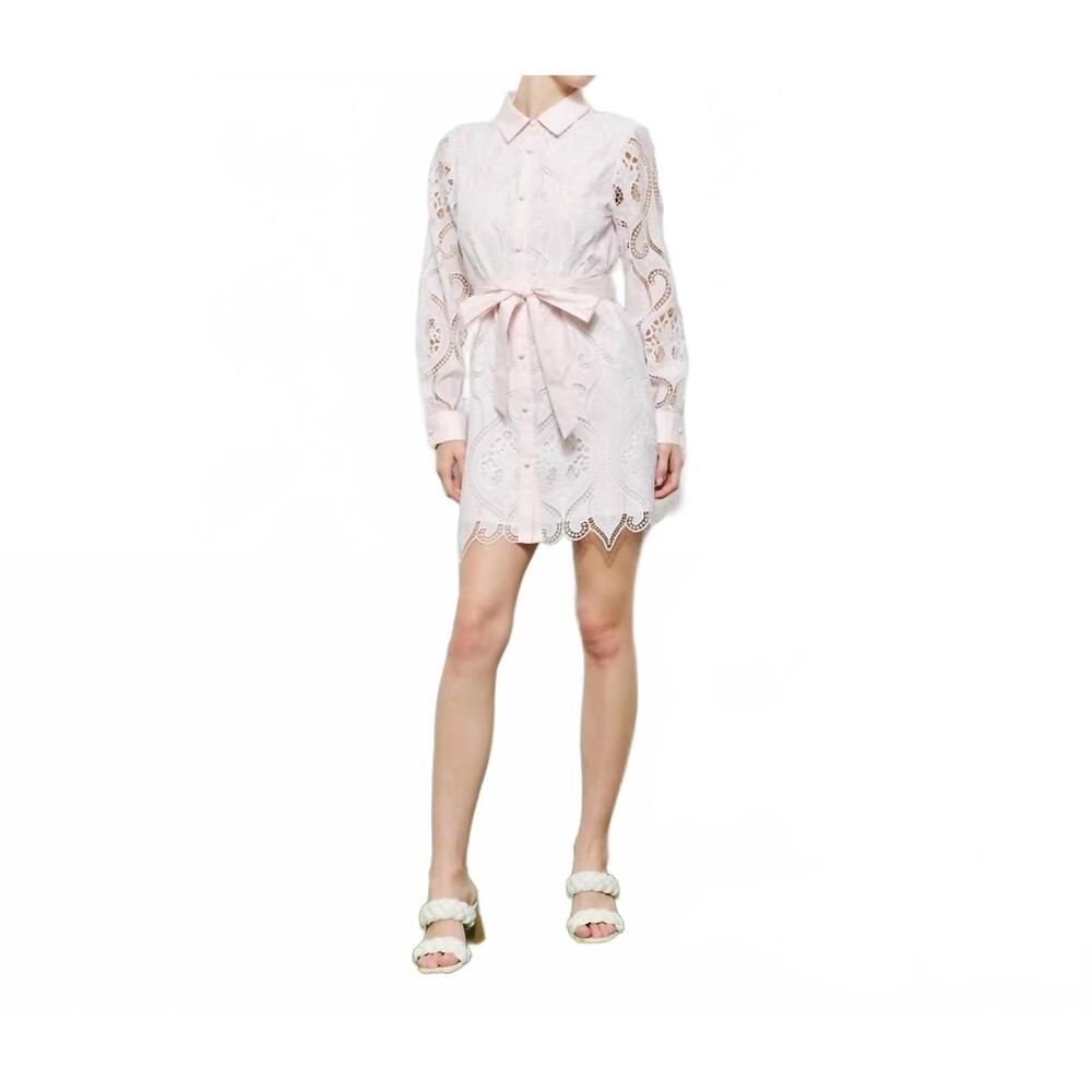 NEW INA FASHION lace embroidered waist tie long sleeve mini dress in pale pink